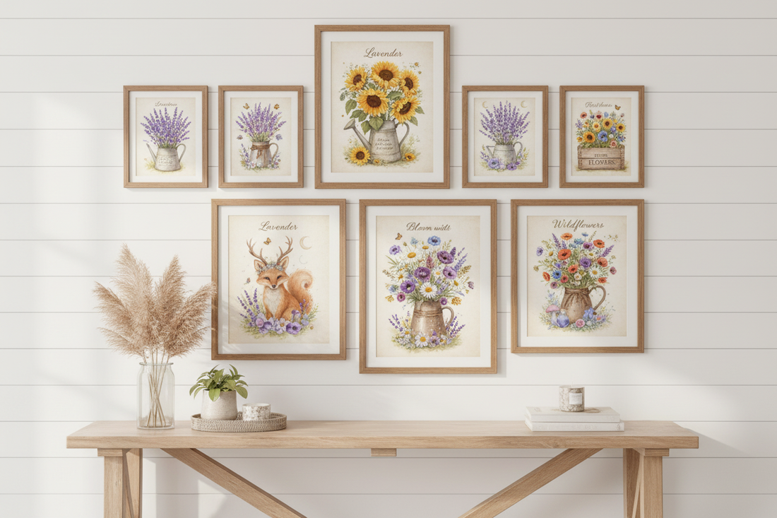 Nature-inspired printable wall art prints styled as a gallery wall in a bright home interior — botanical, wildflower and woodland animal designs by The Wildflower Paper Studio