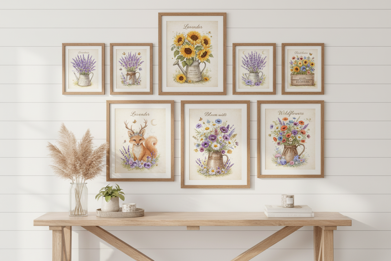 Nature-inspired printable wall art prints styled as a gallery wall in a bright home interior — botanical, wildflower and woodland animal designs by The Wildflower Paper Studio