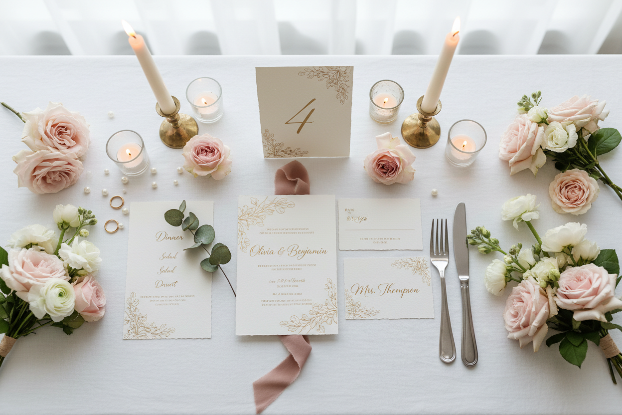 Elegant printable wedding stationery flat lay on a styled wedding table setting with floral arrangements, candles, and fine cutlery