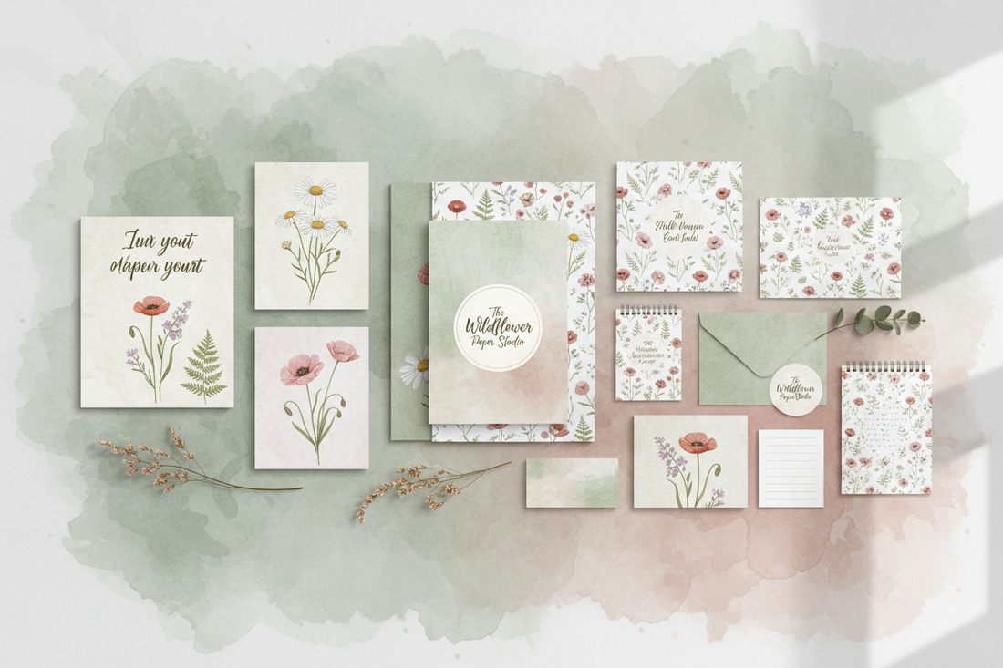 Wildflower botanical flat lay with printable wall art, wedding stationery and scrapbooking papers in sage green, dusty rose and cream tones - The Wildflower Paper Studio