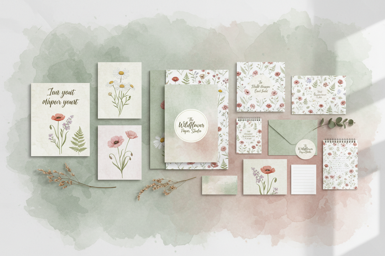 Wildflower botanical flat lay with printable wall art, wedding stationery and scrapbooking papers in sage green, dusty rose and cream tones - The Wildflower Paper Studio