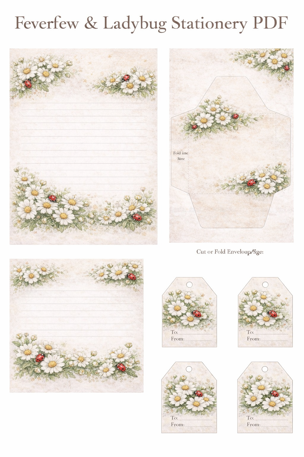 Feverfew and ladybug themed stationery set
