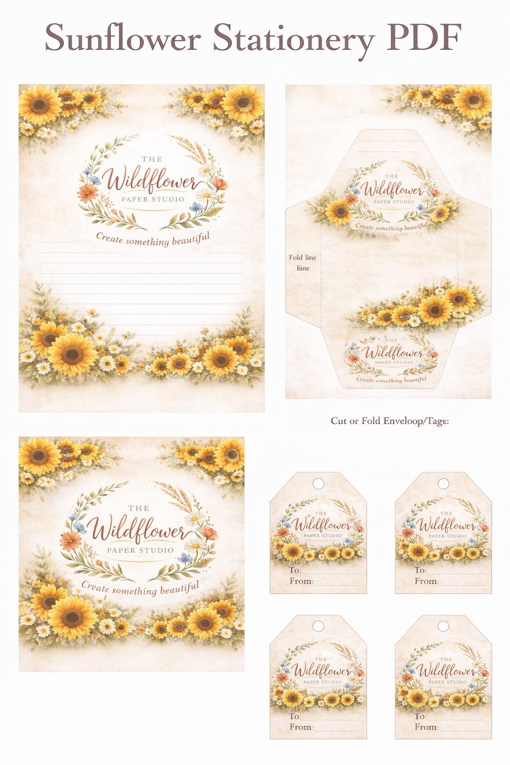 Sunflower Pdf bedruckbares Briefpapier-Set