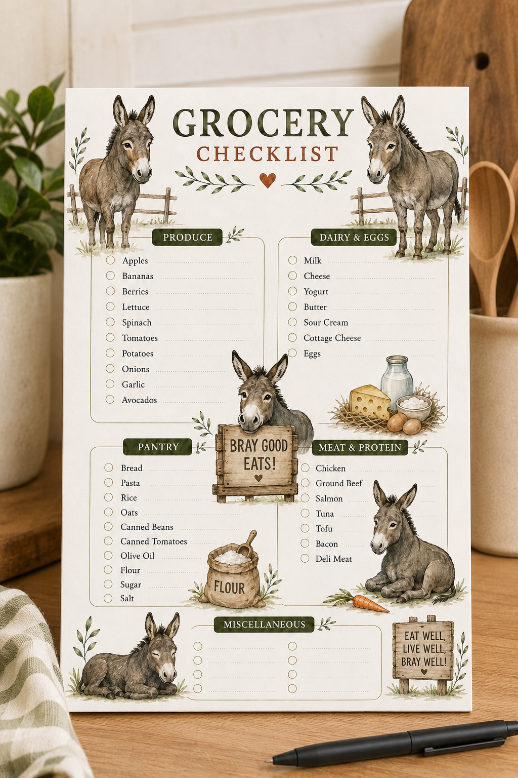 Donkey themed printable grocery list