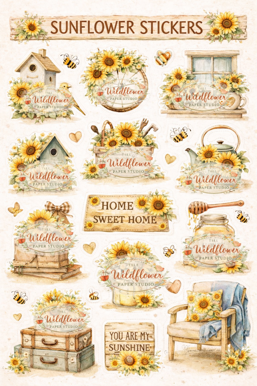 Sunflower themed printable sticker set
