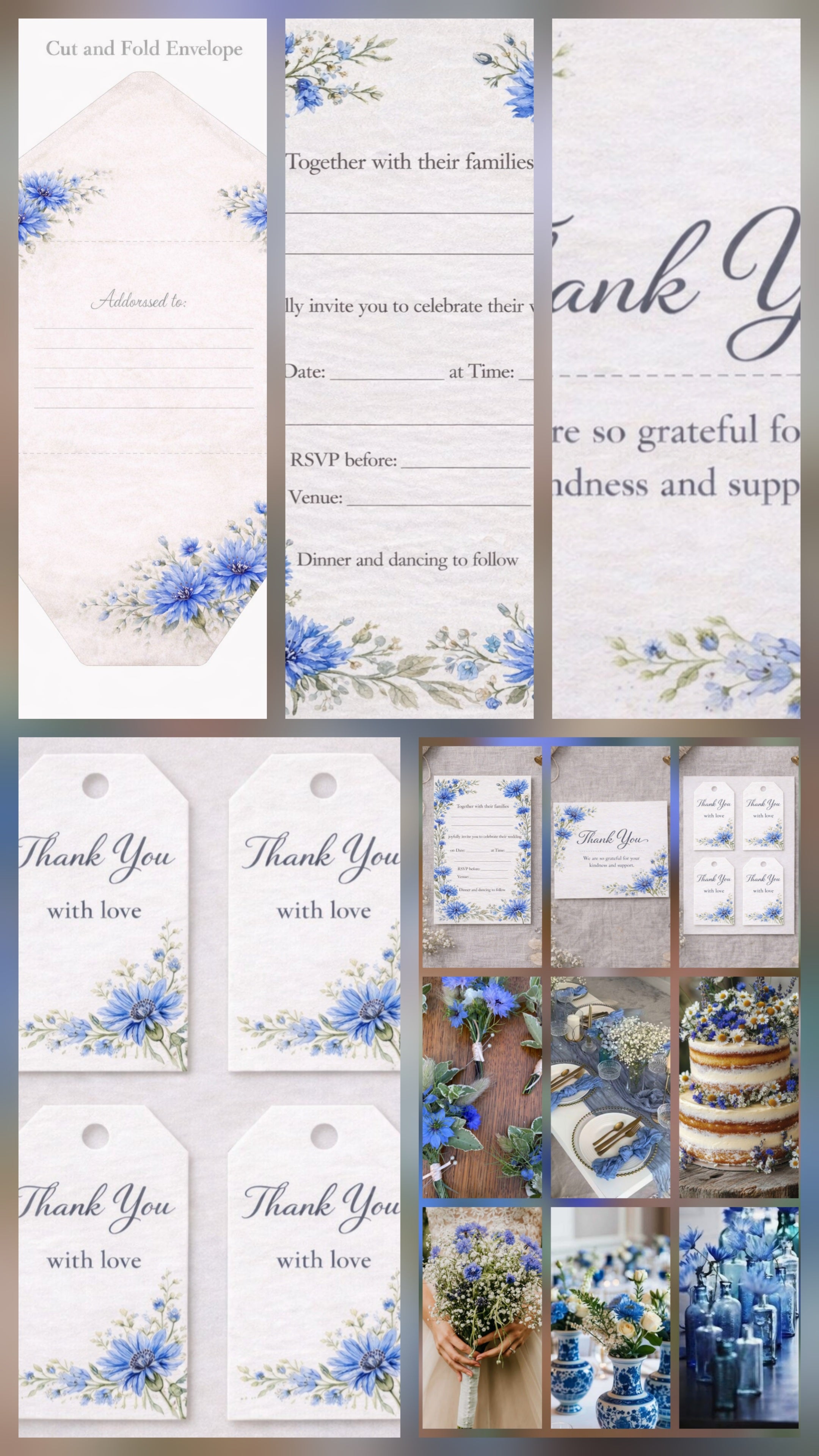 Blue Cornflower themed pdf printable wedding stationery