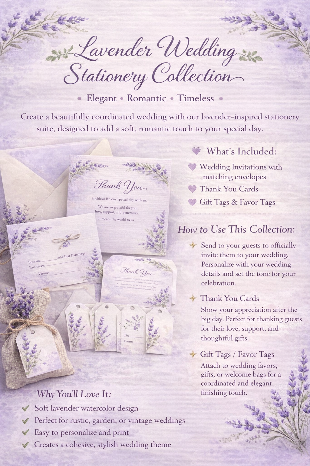 Als druckbare PDF-Datei erhältliches Hochzeits-Set mit Lavendel-Motiv