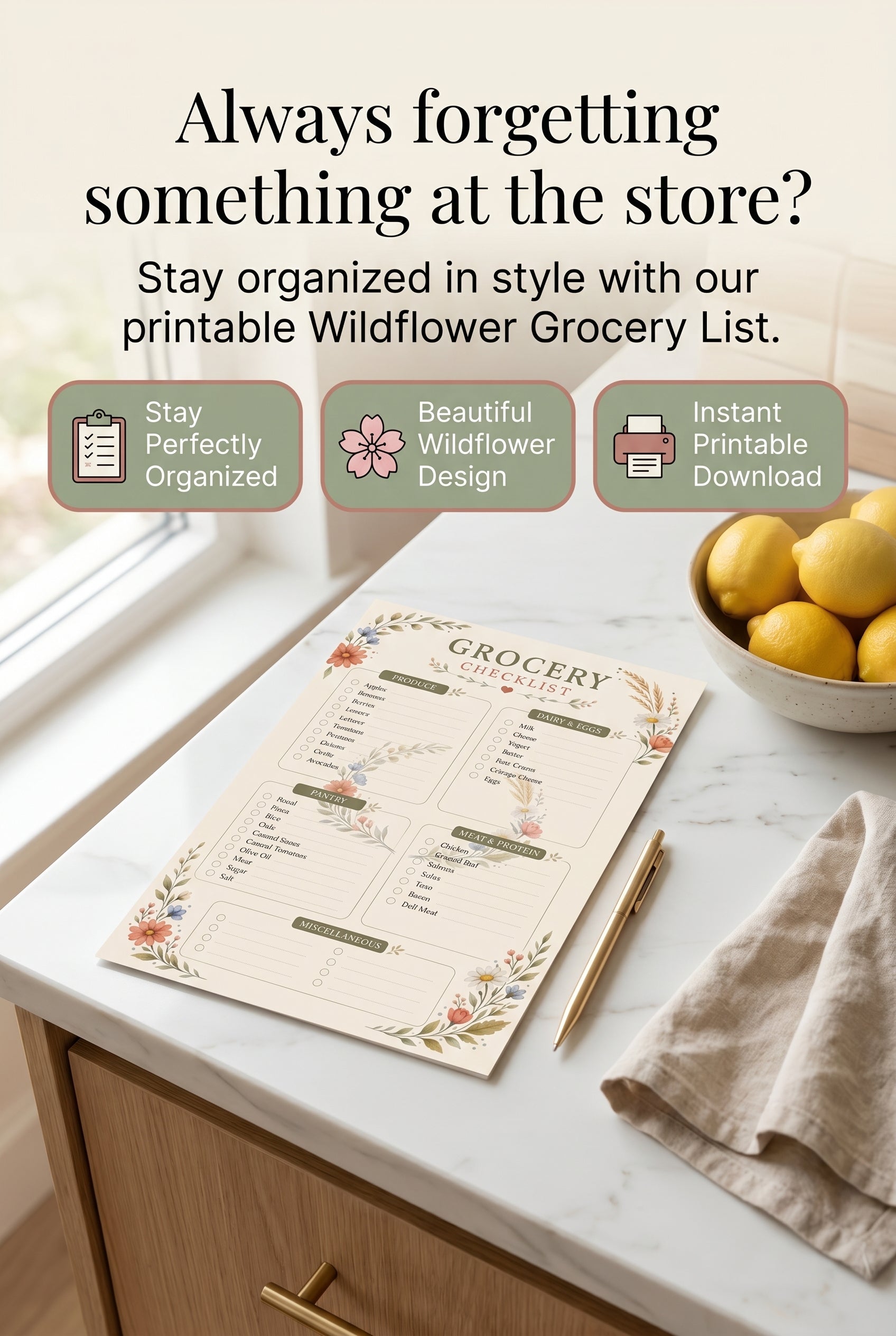 FREE Wildflower themed pdf printable grocery list