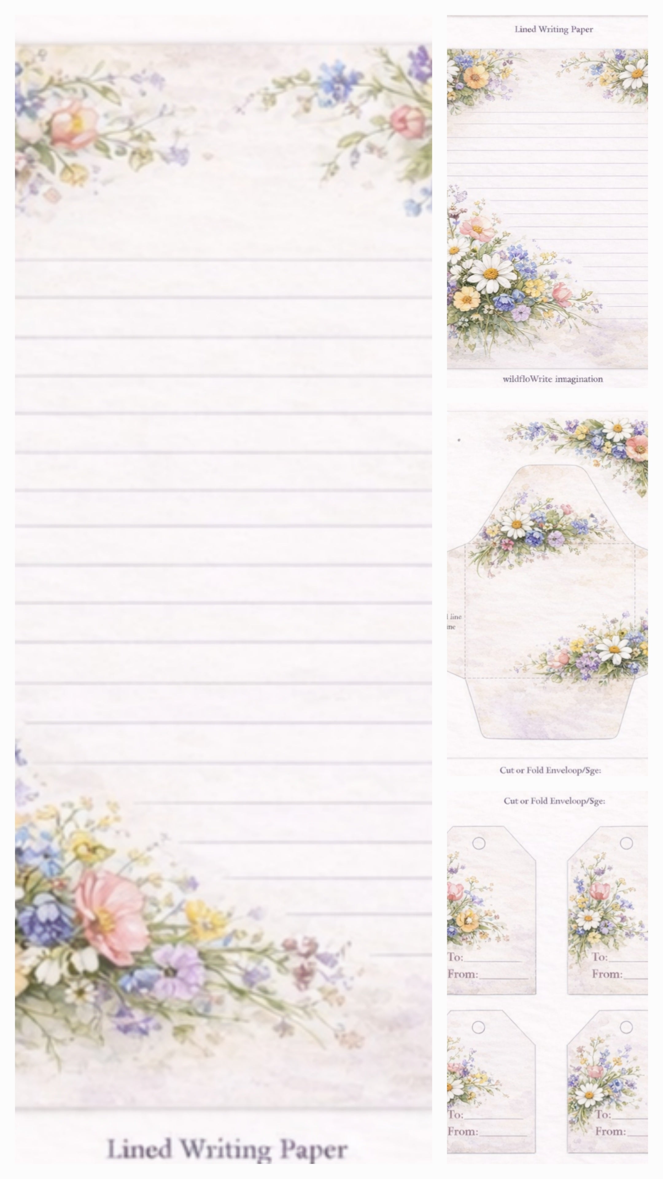 Wildblumen-Schreibpapier, Umschlag und Geschenkanhänger zum Ausdrucken (PDF)