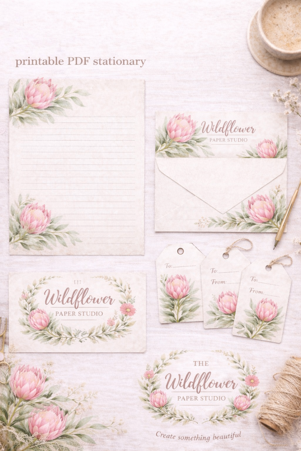 Protea themed printable stationery set