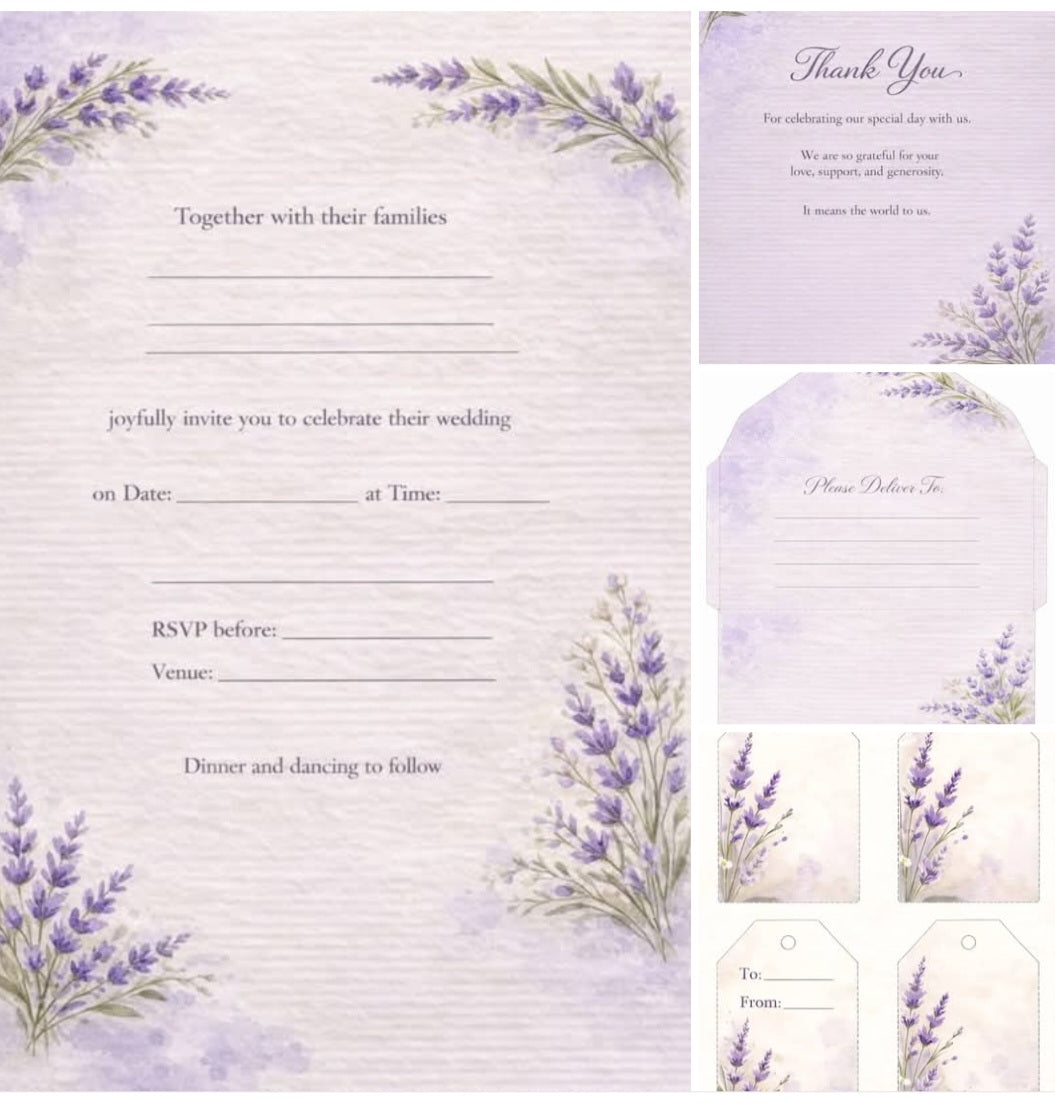 Als druckbare PDF-Datei erhältliches Hochzeits-Set mit Lavendel-Motiv