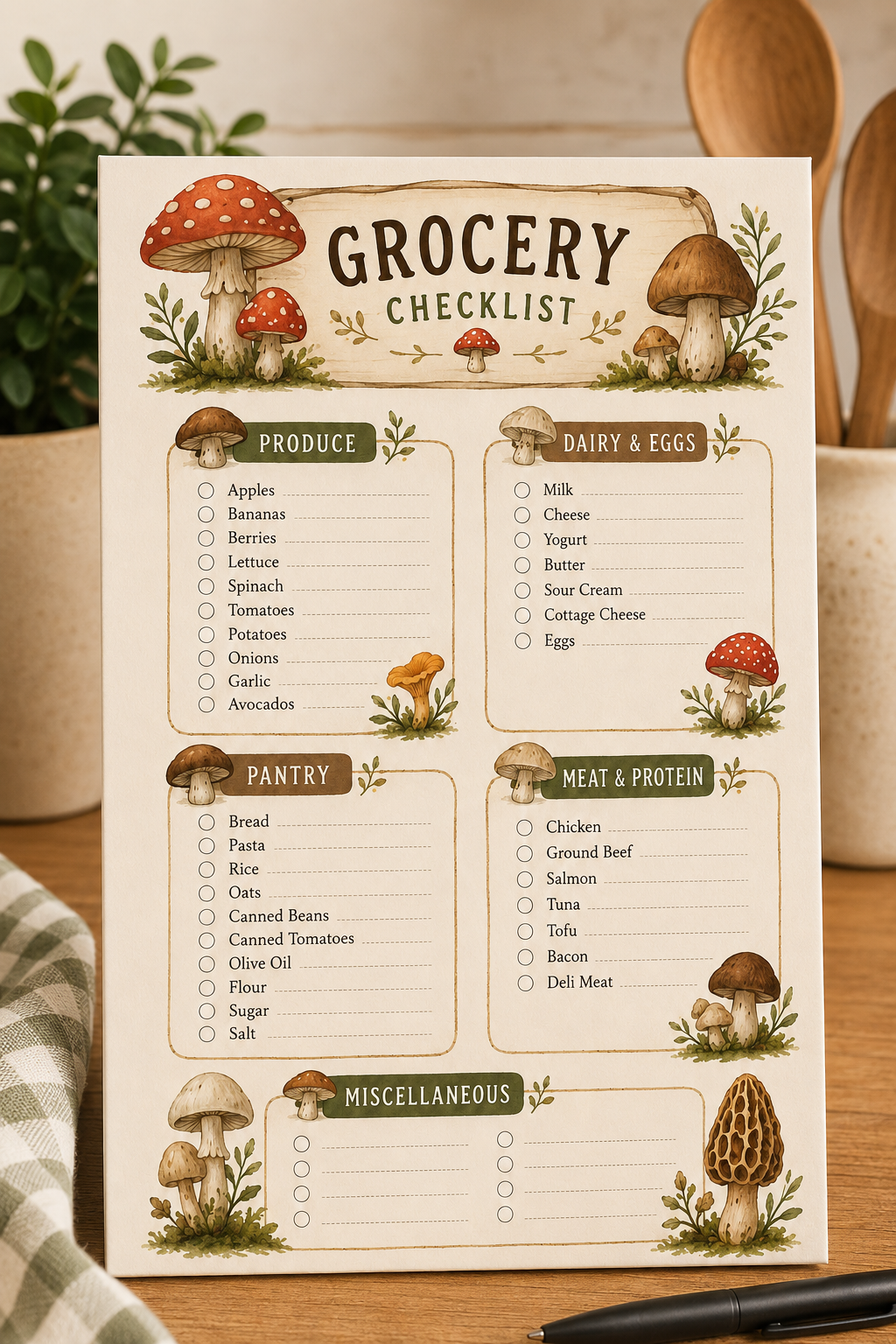 Mushroom themed printable Grocery Checklist
