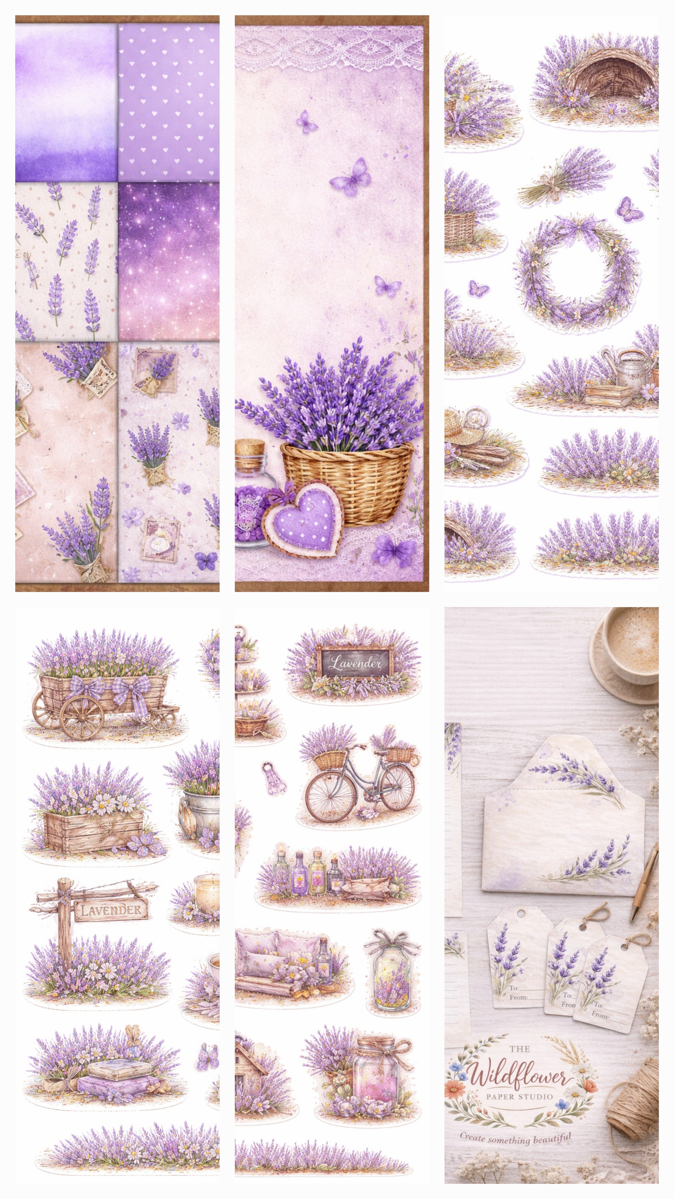 Riesiges Bundle...12 lavendelfarbene bedruckbare Scrapbooking-Bögen, 3 Bögen Sticker und Schreibwarenset