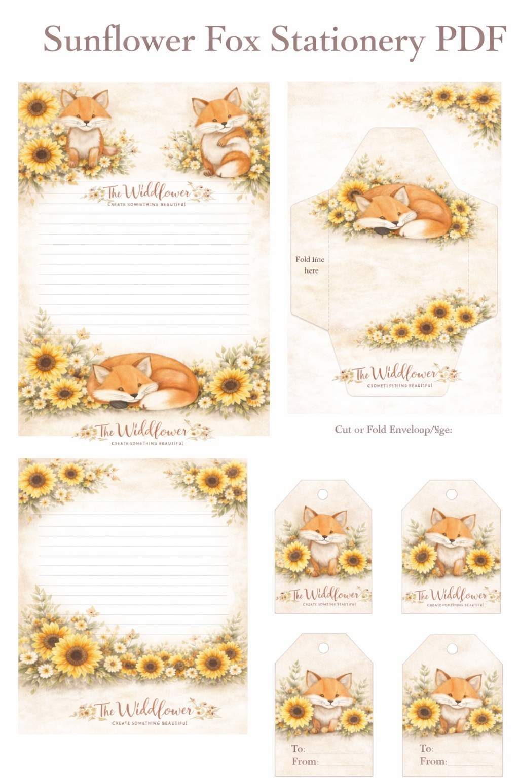 Verspieltes Briefpapier-Set im Sonnenblumen- und Fuchs-Design (PDF-Download)