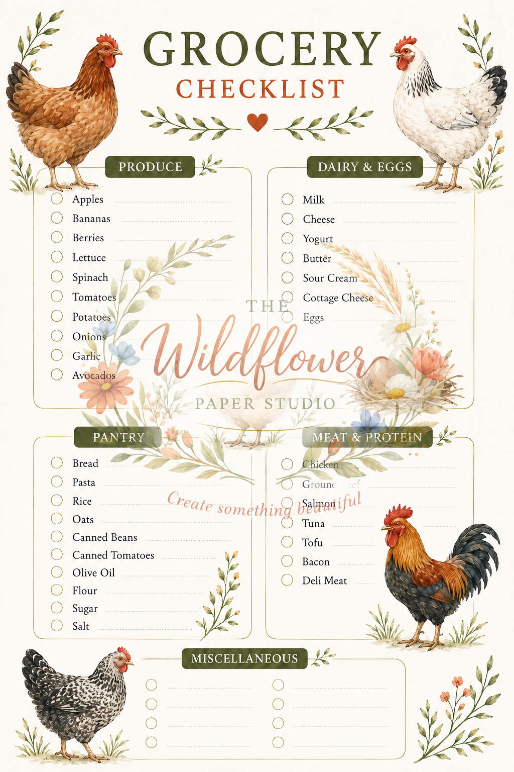 Chicken themed grocerylist pdf printables