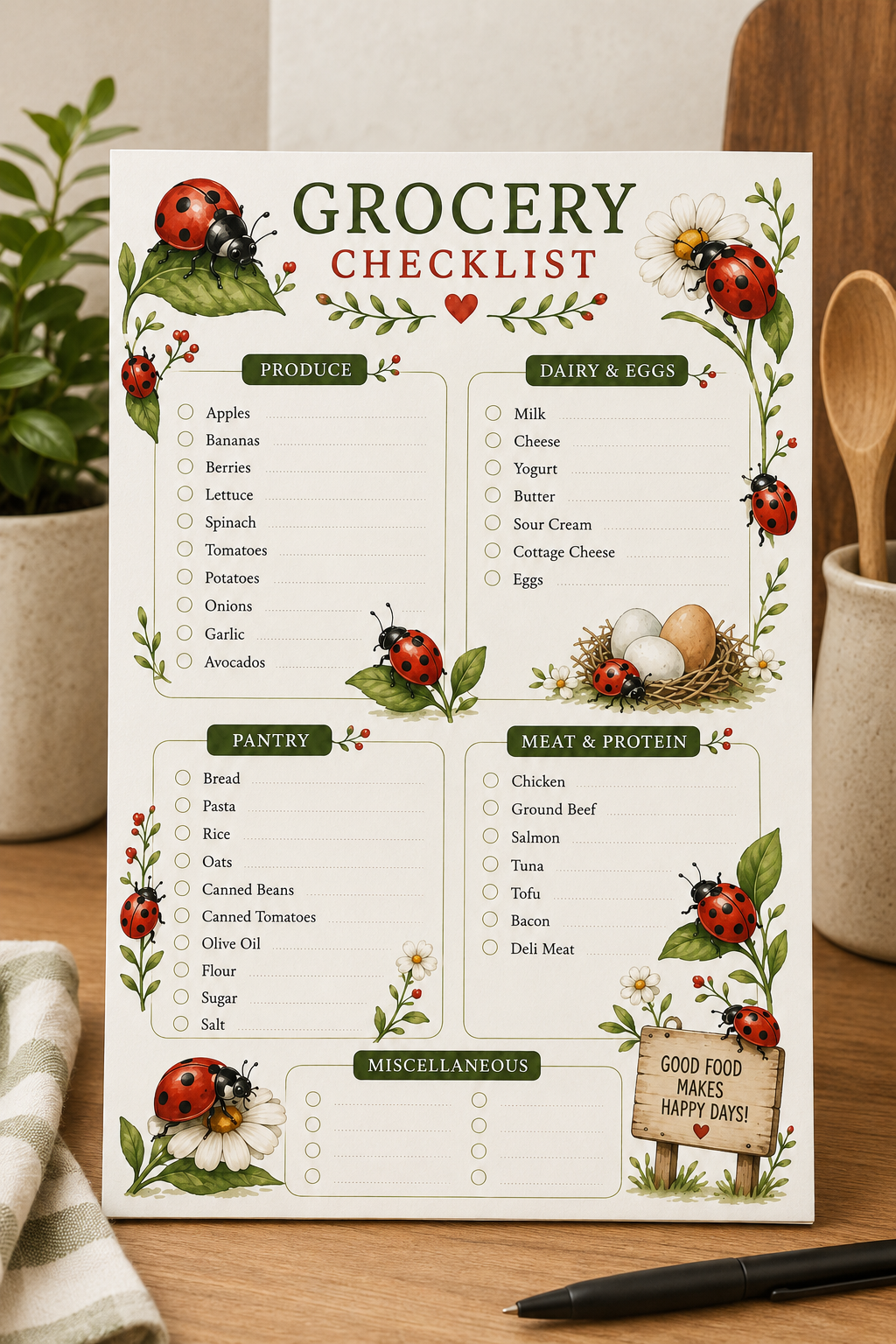 Ladybug themed printable Grocery Checklist