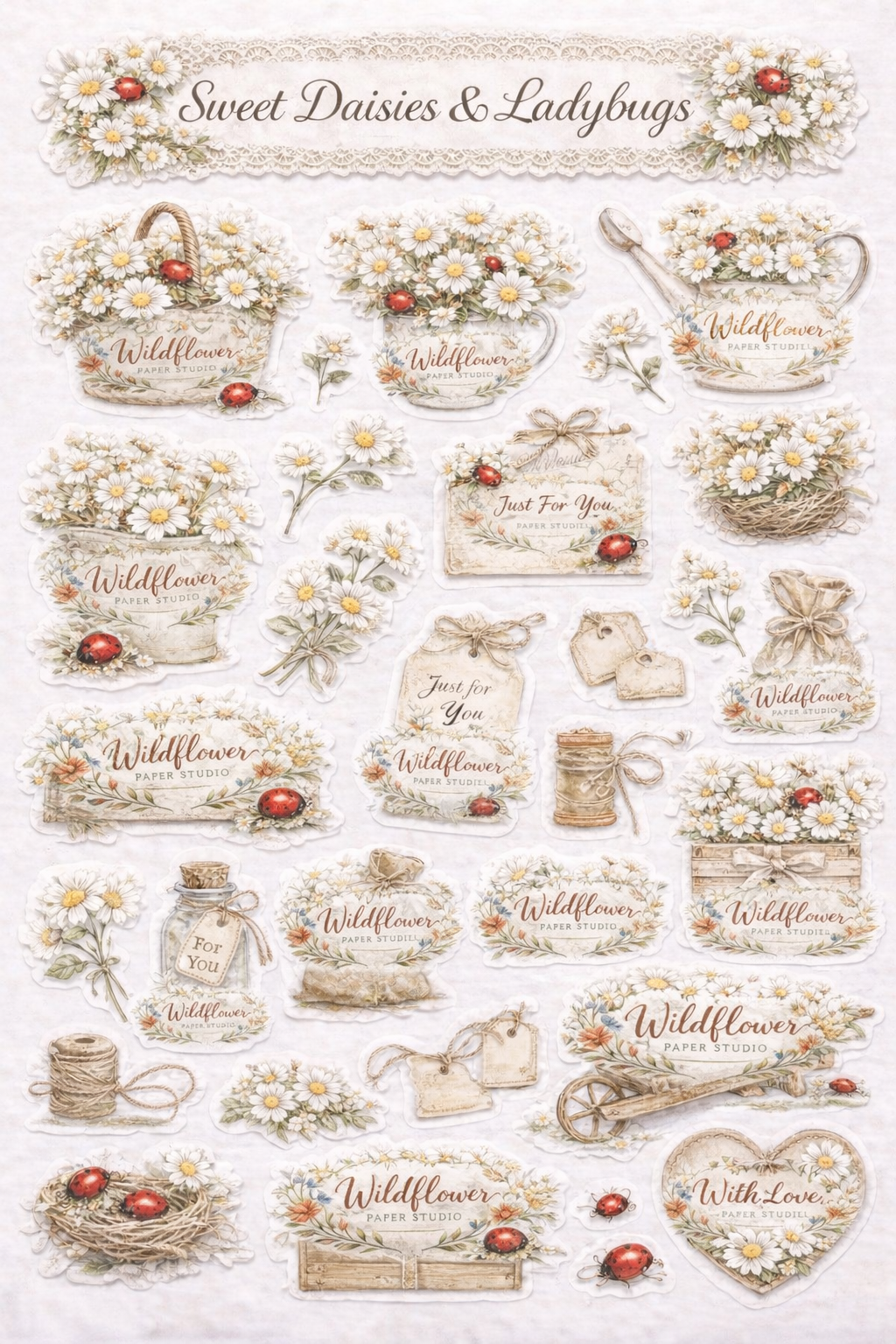 Feverfew and Ladybug themed printable stickers set