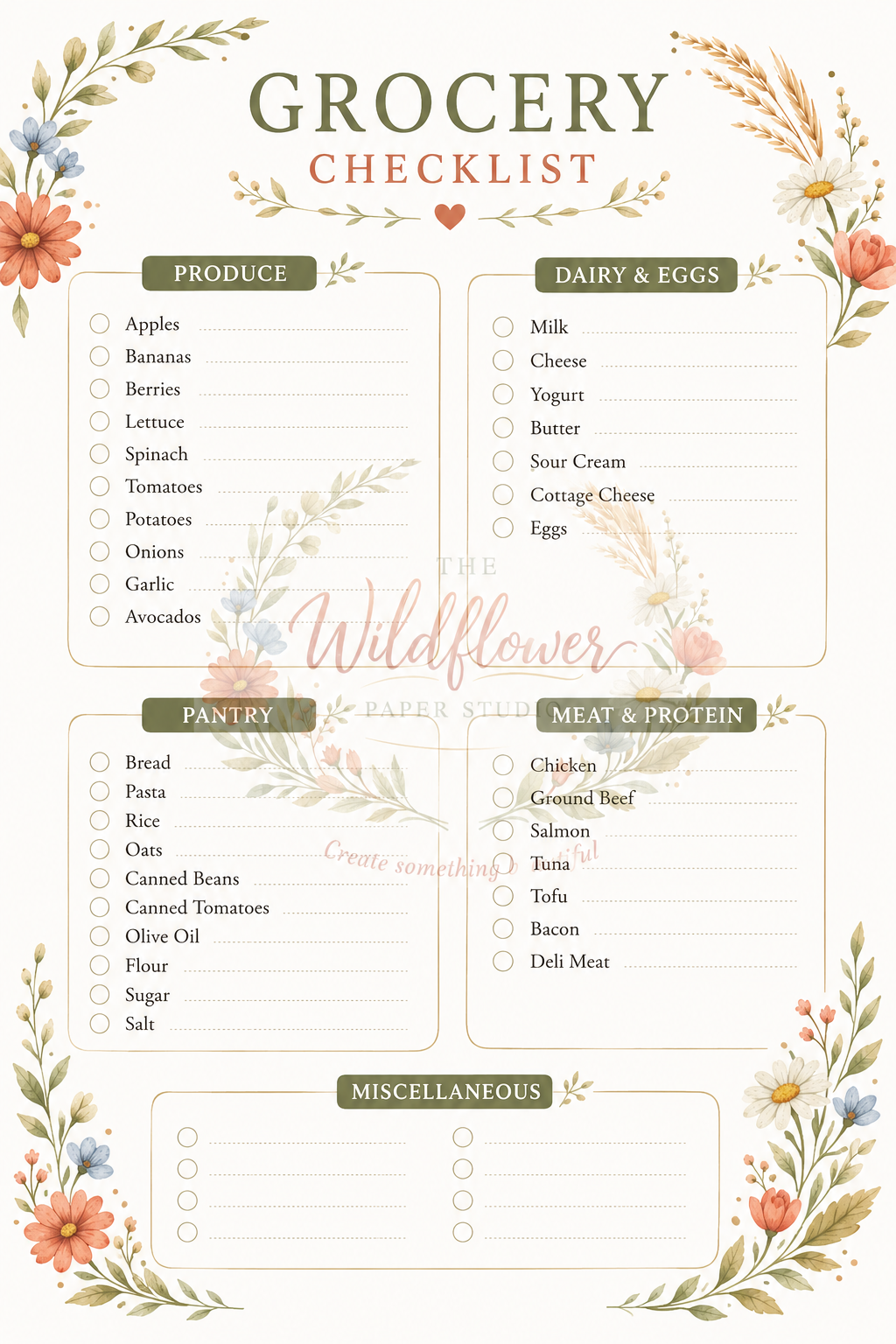FREE Wildflower themed pdf printable grocery list