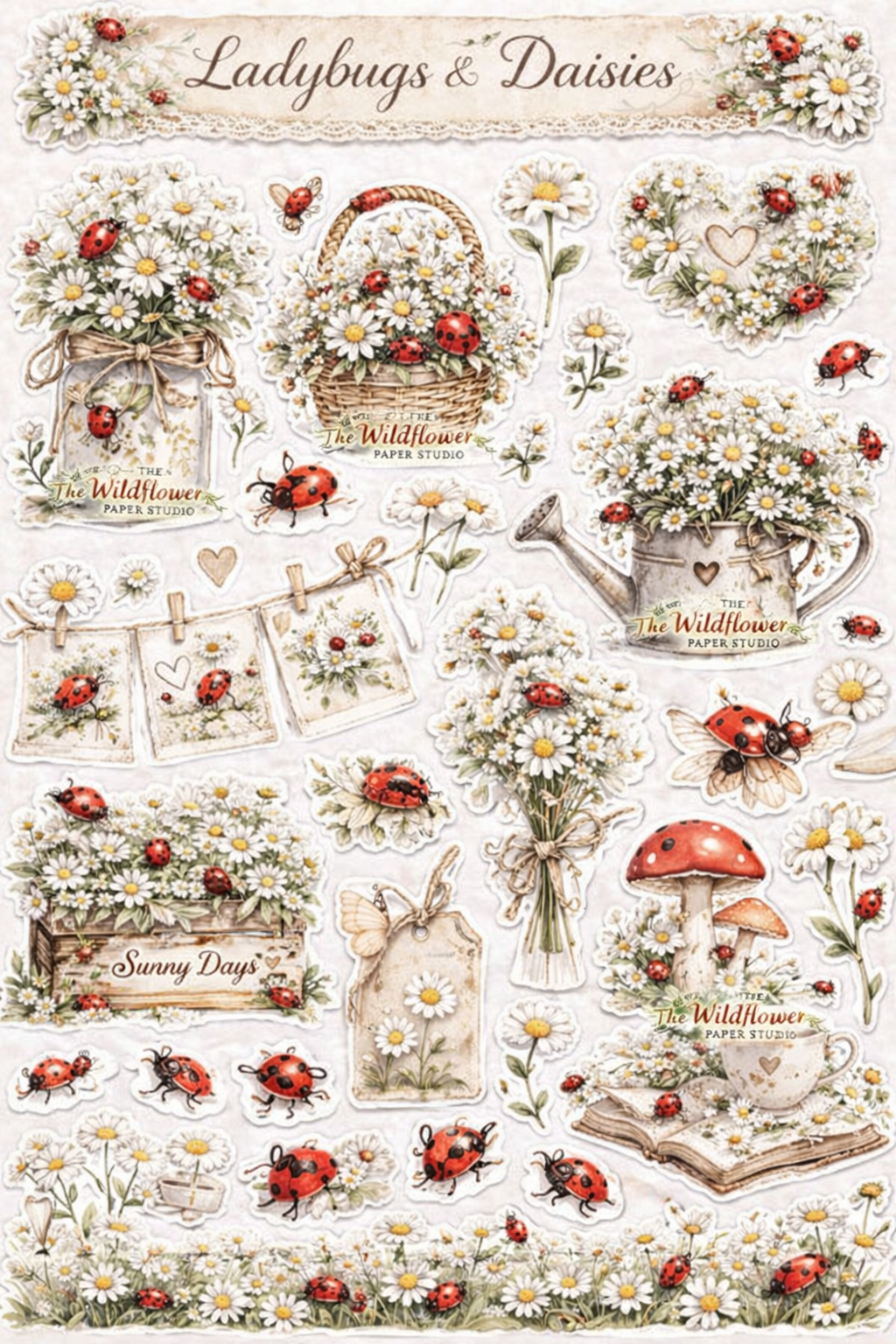 Feverfew and Ladybug themed printable stickers set