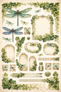 Libellen- und Efeu-Scrapbooking-Papier und Sticker-Set zum Ausdrucken