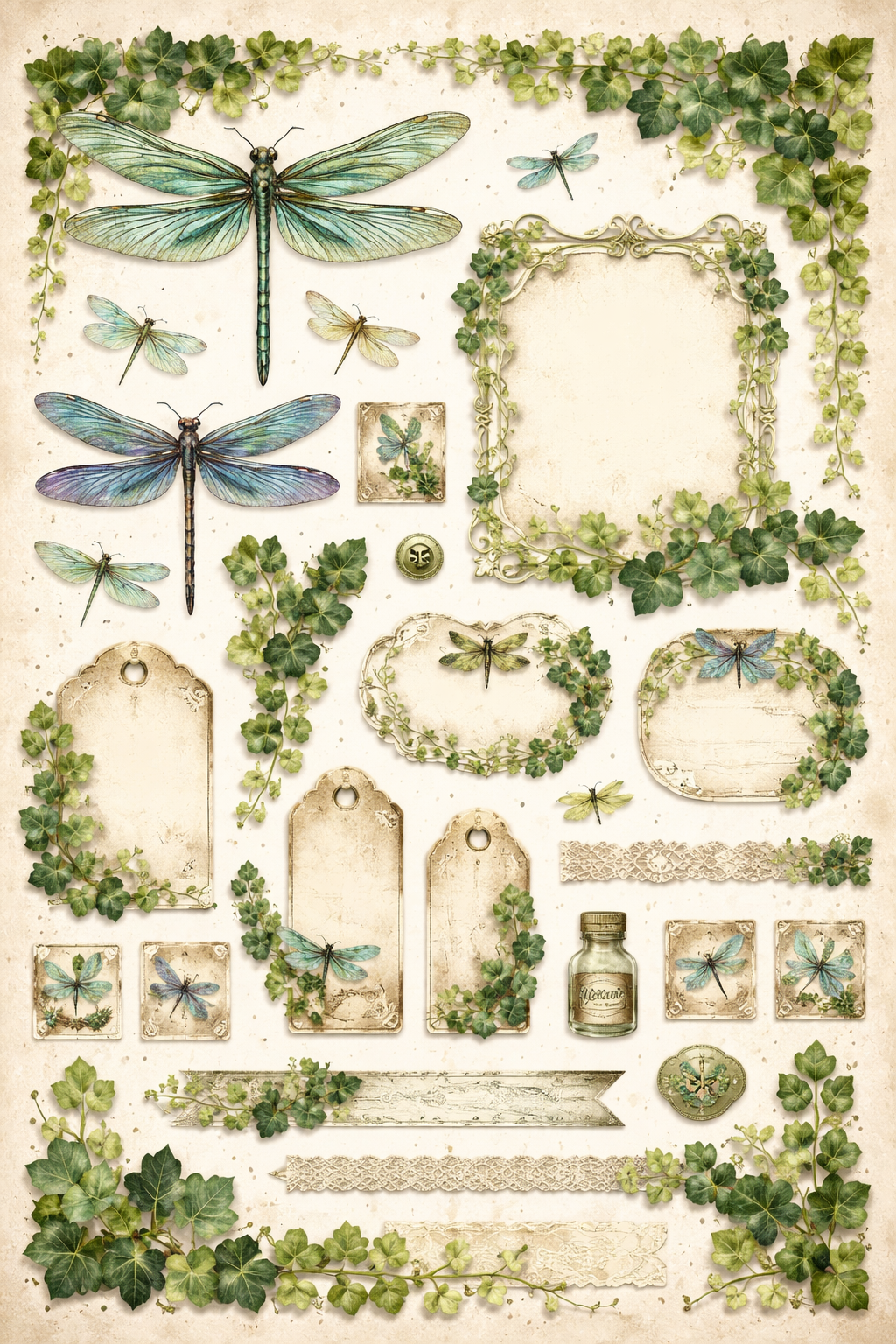 Libellen- und Efeu-Scrapbooking-Papier und Sticker-Set zum Ausdrucken