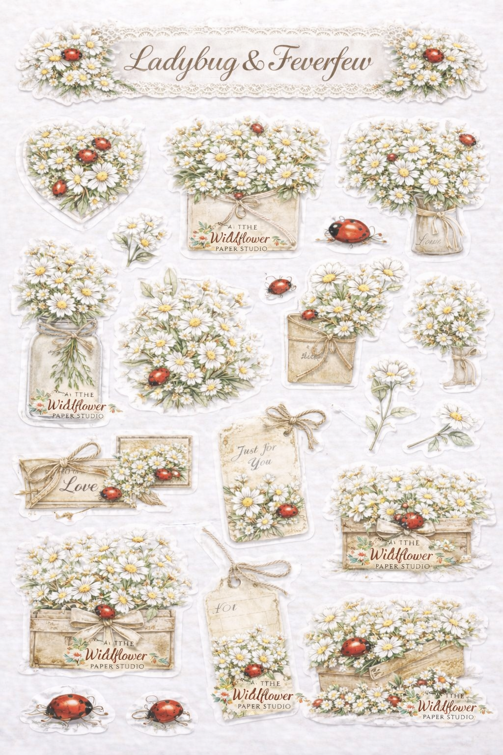 Feverfew and Ladybug themed printable stickers set
