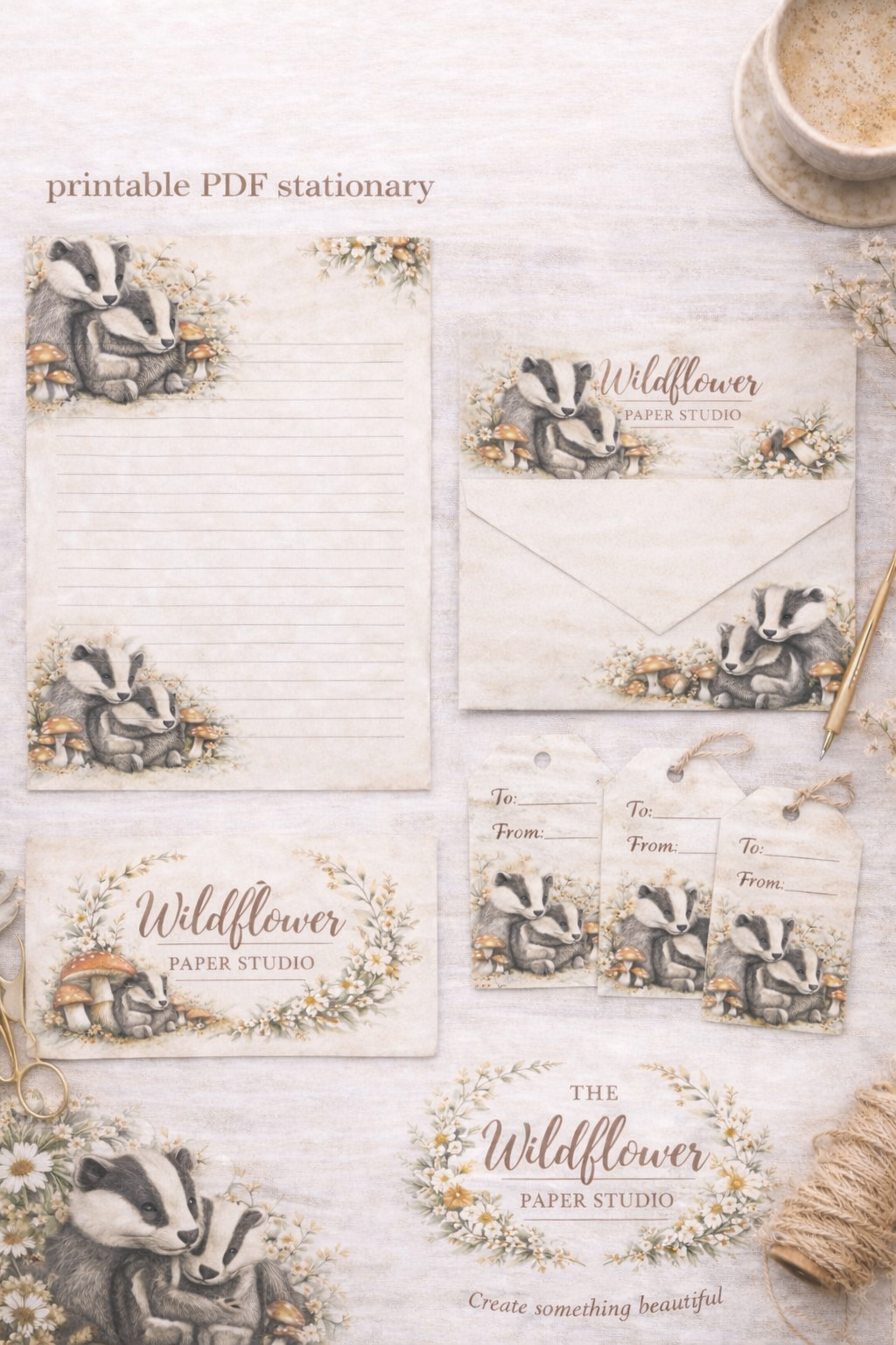 Woodland charm, Badger themed printable stationery set