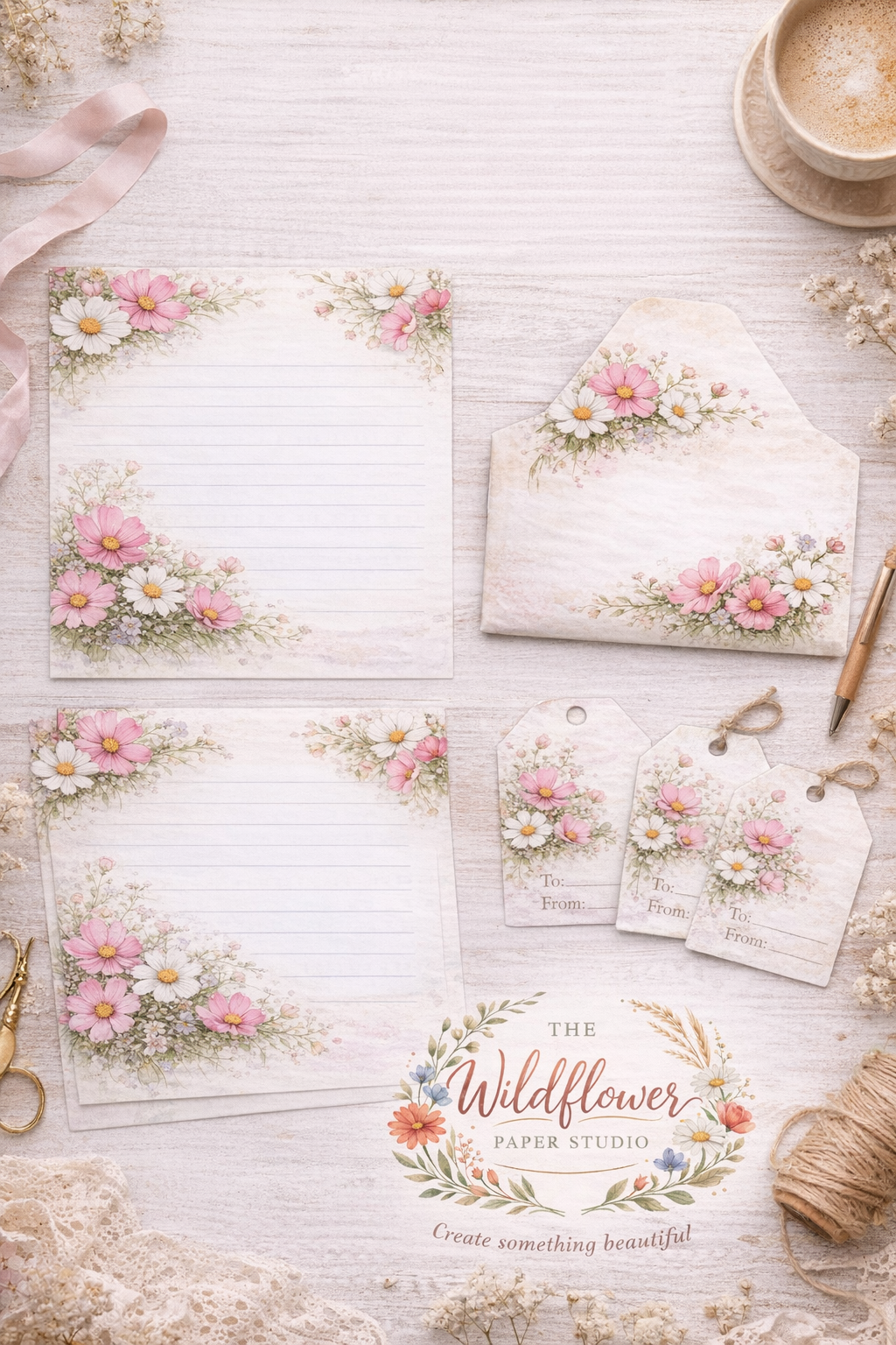 Auf das Thema Kosmosblumen abgestimmtes, druckbares Briefpapier-Set im PDF-Format